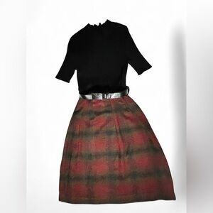 Plaid Dress Fit & Flare Belted Fall Dress Red Black Size XS S EUC